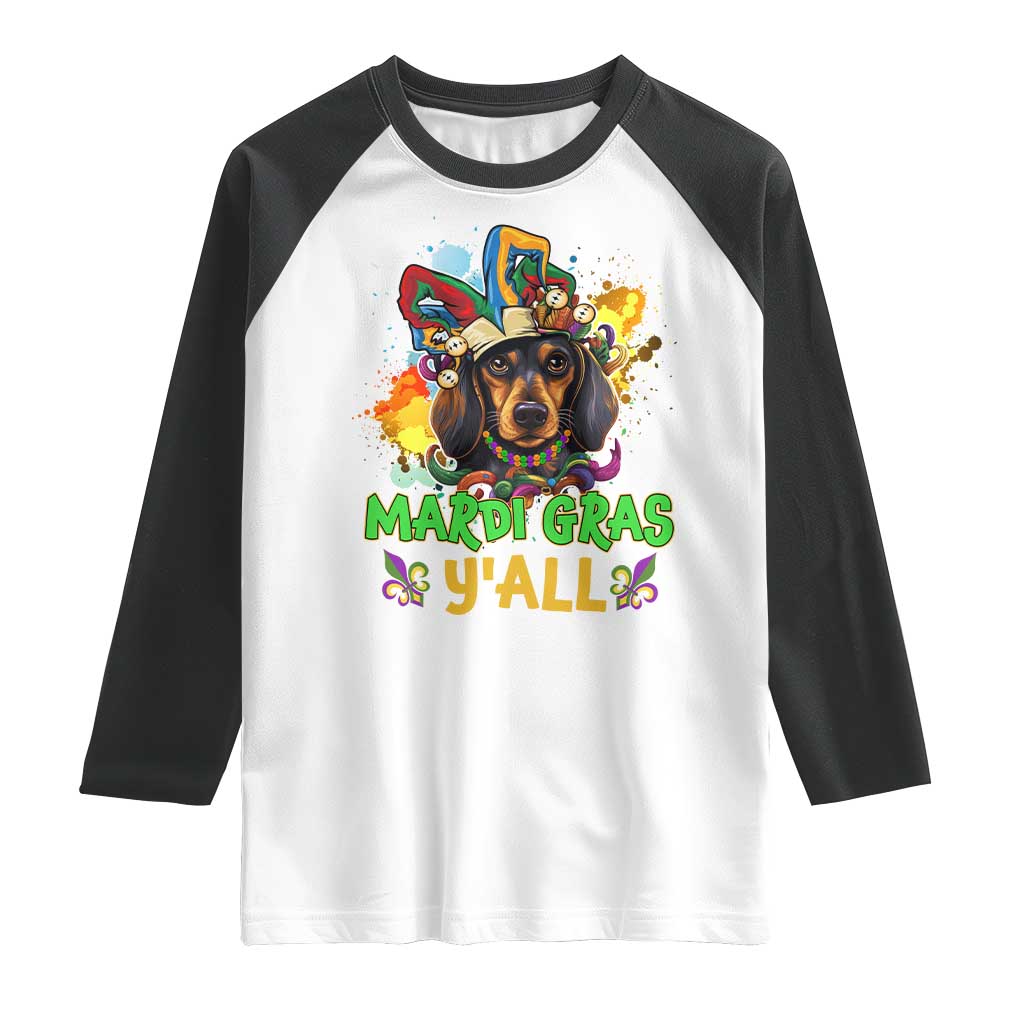 Mardi Gras Y'all Dachshund Dog With Beads Colorful Raglan Shirt