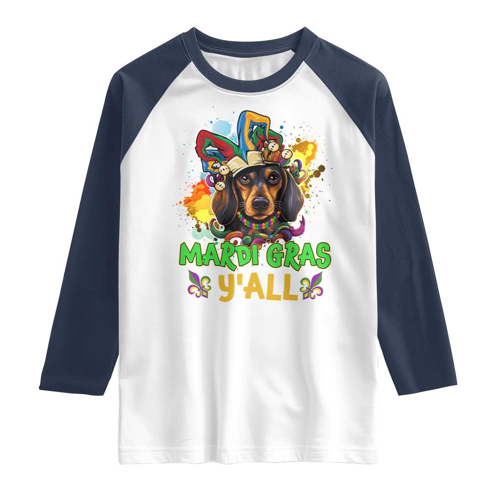 Mardi Gras Y'all Dachshund Dog With Beads Colorful Raglan Shirt