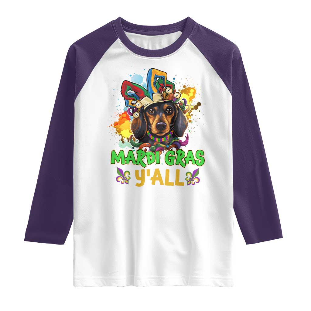 Mardi Gras Y'all Dachshund Dog With Beads Colorful Raglan Shirt