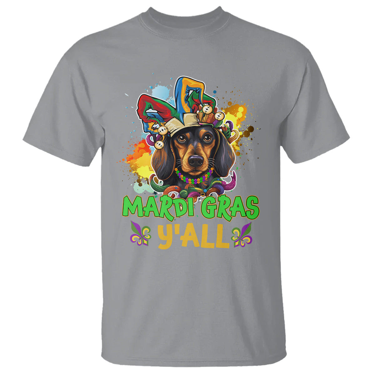 Mardi Gras Y'all Dachshund Dog With Beads Colorful T Shirt - Wonder Print Shop