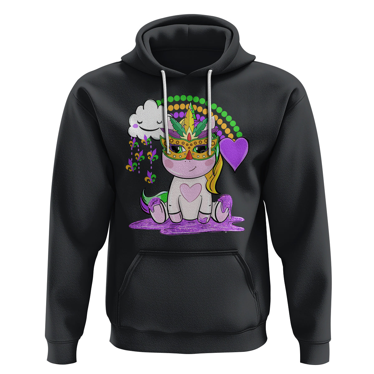 Mardi Gras Cute Unicorn Beads Rainbow Fleur De Lis Hoodie