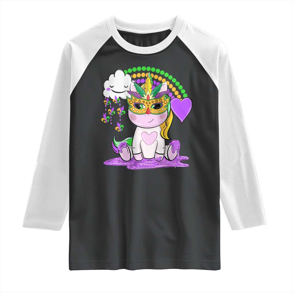 Mardi Gras Cute Unicorn Beads Rainbow Fleur De Lis Raglan Shirt