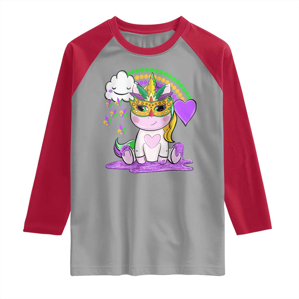Mardi Gras Cute Unicorn Beads Rainbow Fleur De Lis Raglan Shirt