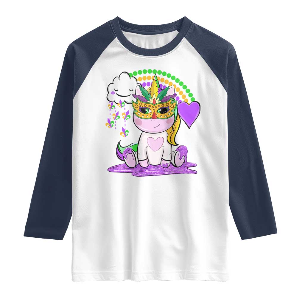 Mardi Gras Cute Unicorn Beads Rainbow Fleur De Lis Raglan Shirt