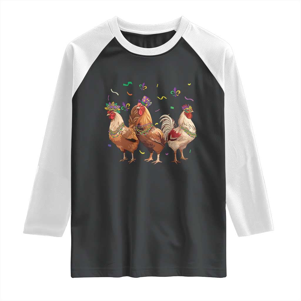 Mardi Gras Funny Farmer Jester Chicken Beads Raglan Shirt