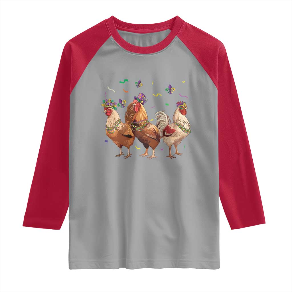 Mardi Gras Funny Farmer Jester Chicken Beads Raglan Shirt