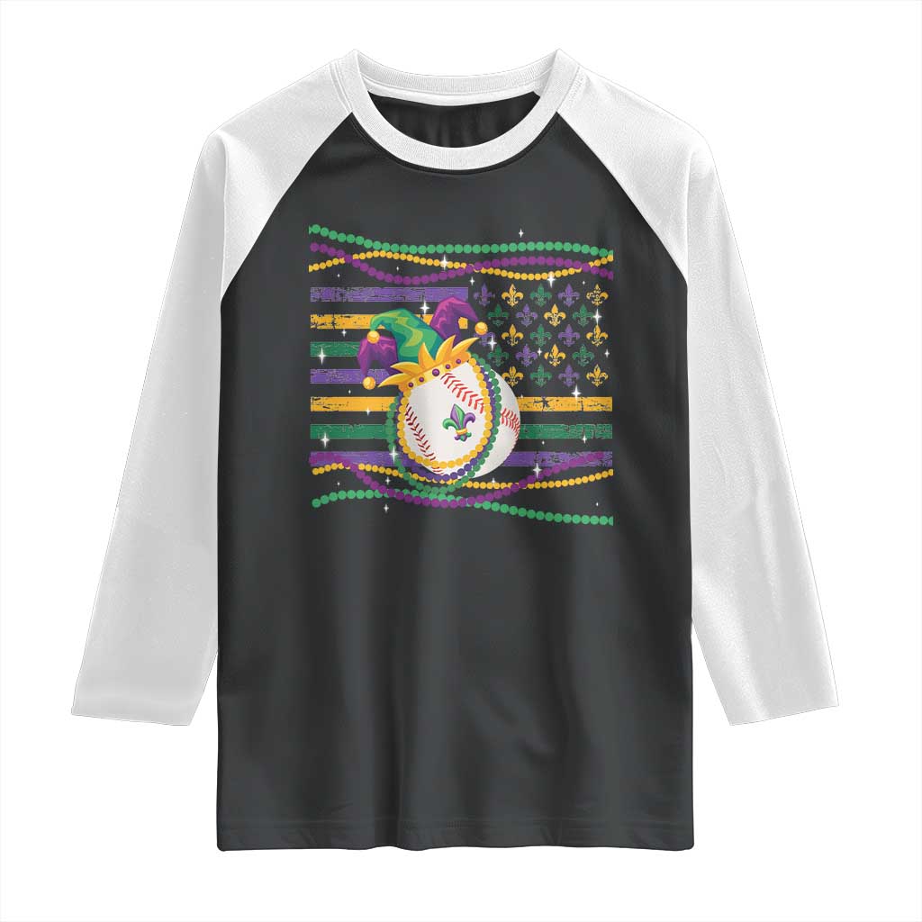 Mardi Gras Baseball Jester Hat Beads Flag Raglan Shirt