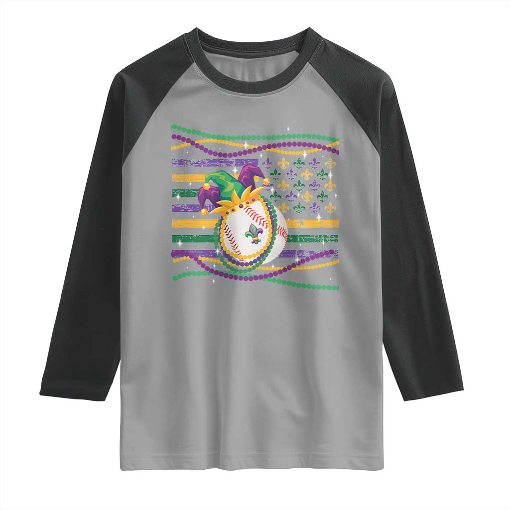 Mardi Gras Baseball Jester Hat Beads Flag Raglan Shirt