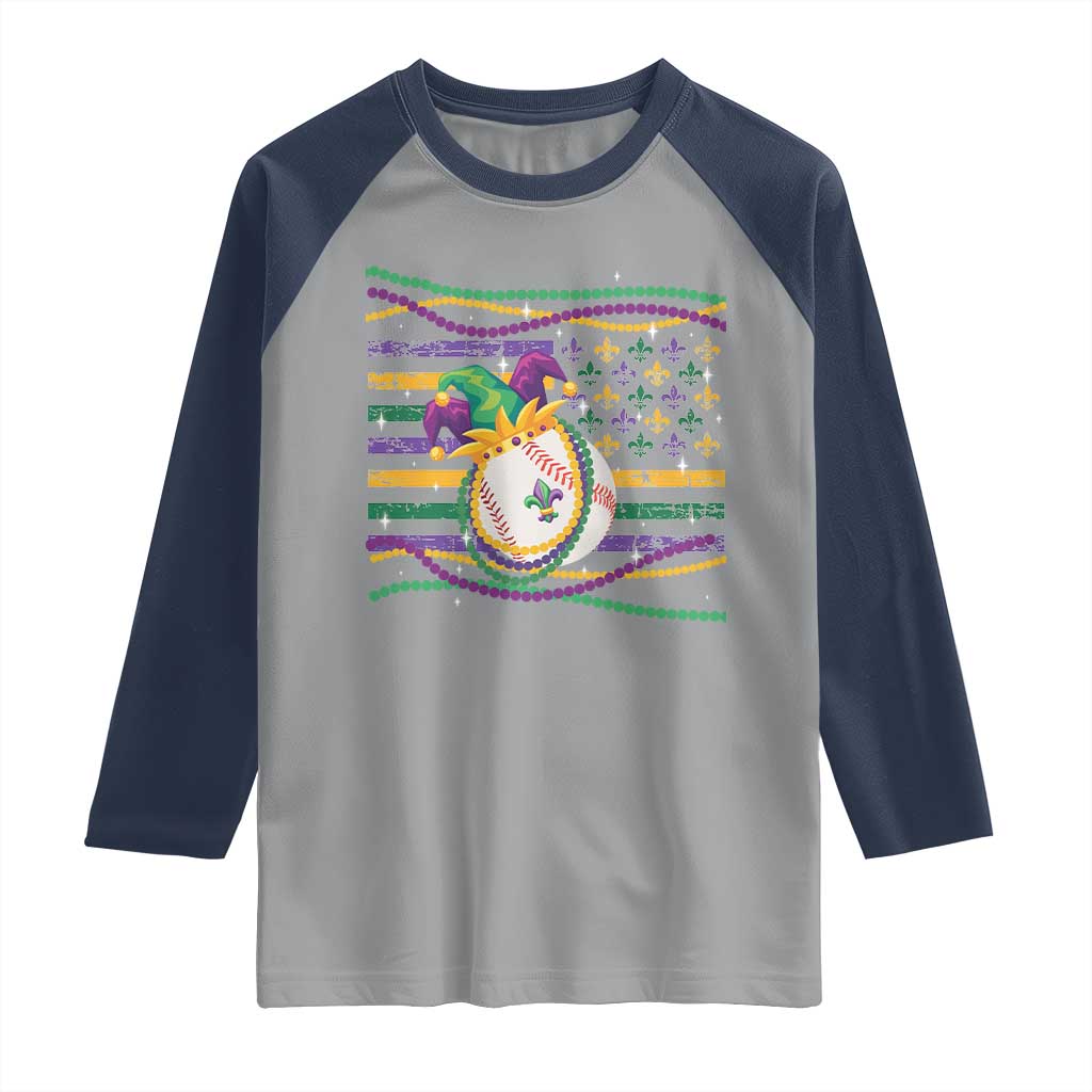Mardi Gras Baseball Jester Hat Beads Flag Raglan Shirt