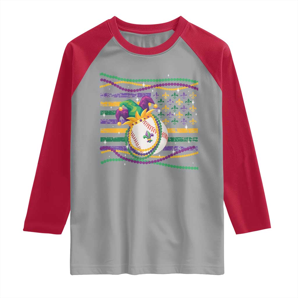 Mardi Gras Baseball Jester Hat Beads Flag Raglan Shirt