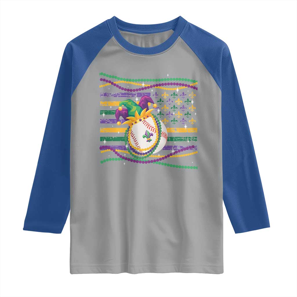 Mardi Gras Baseball Jester Hat Beads Flag Raglan Shirt