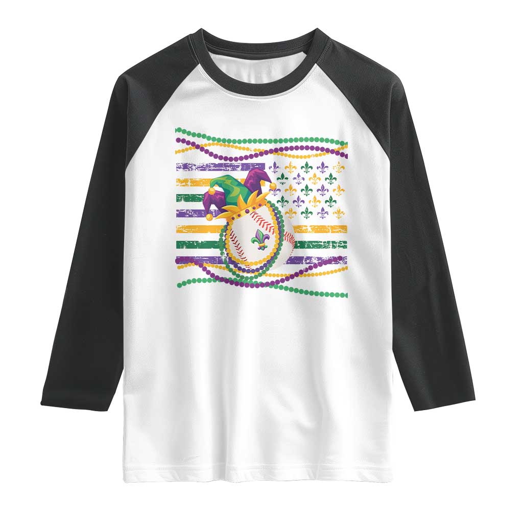 Mardi Gras Baseball Jester Hat Beads Flag Raglan Shirt