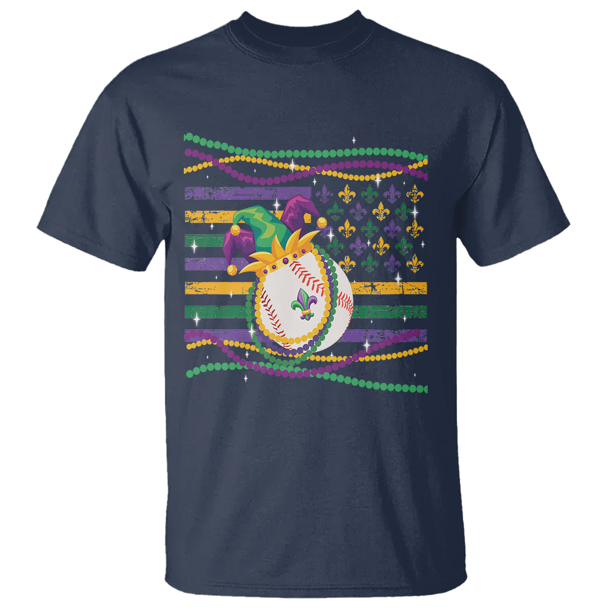 Mardi Gras Baseball Jester Hat Beads Flag T Shirt - Wonder Print Shop