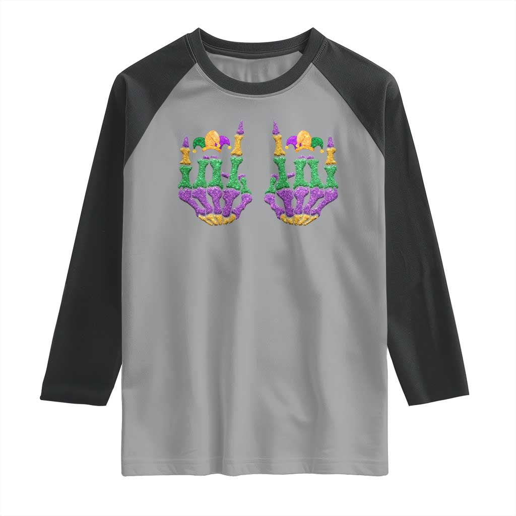 Mardi Gras Raglan Shirt Jester Skeleton Rock Hand Fat Tuesday Festival