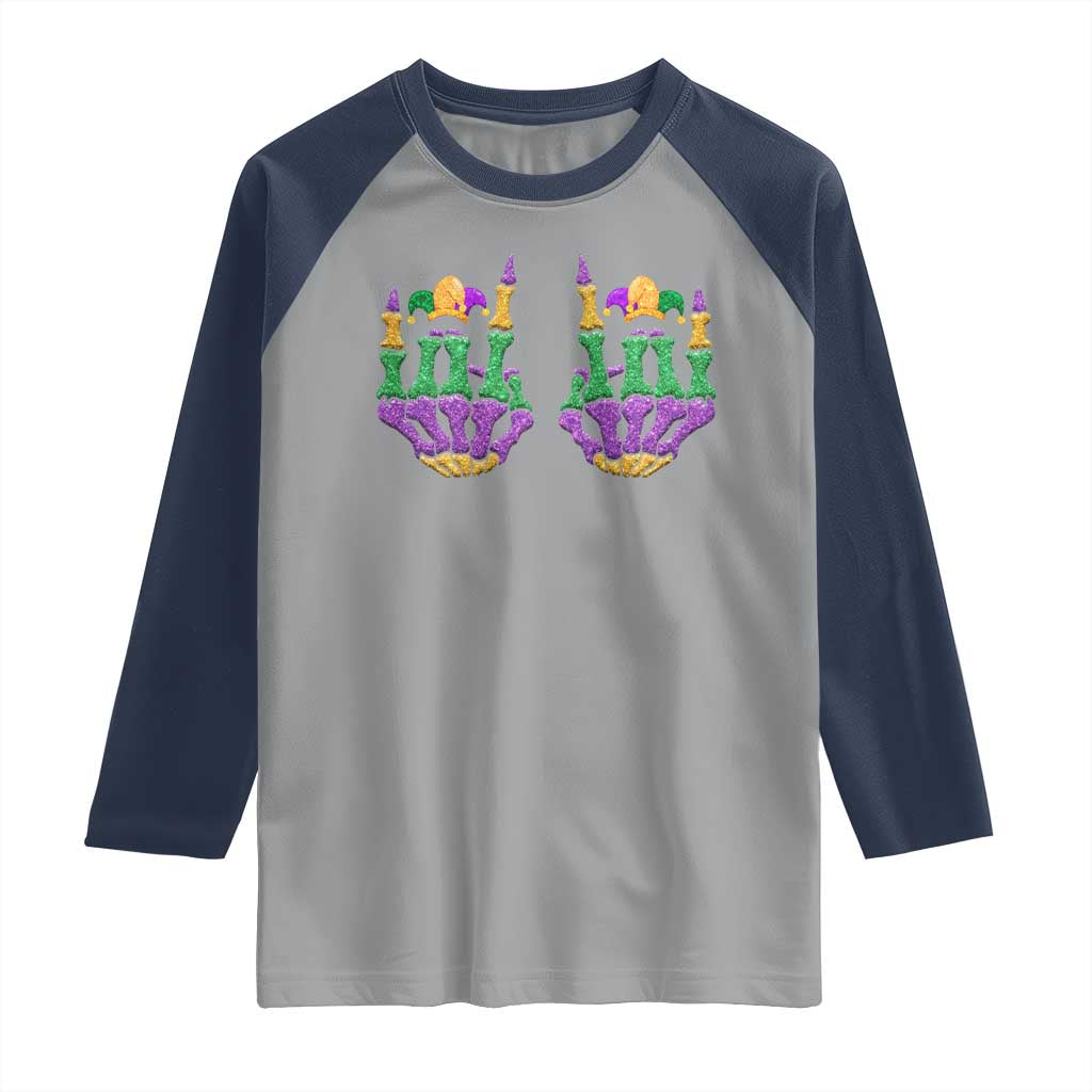 Mardi Gras Raglan Shirt Jester Skeleton Rock Hand Fat Tuesday Festival