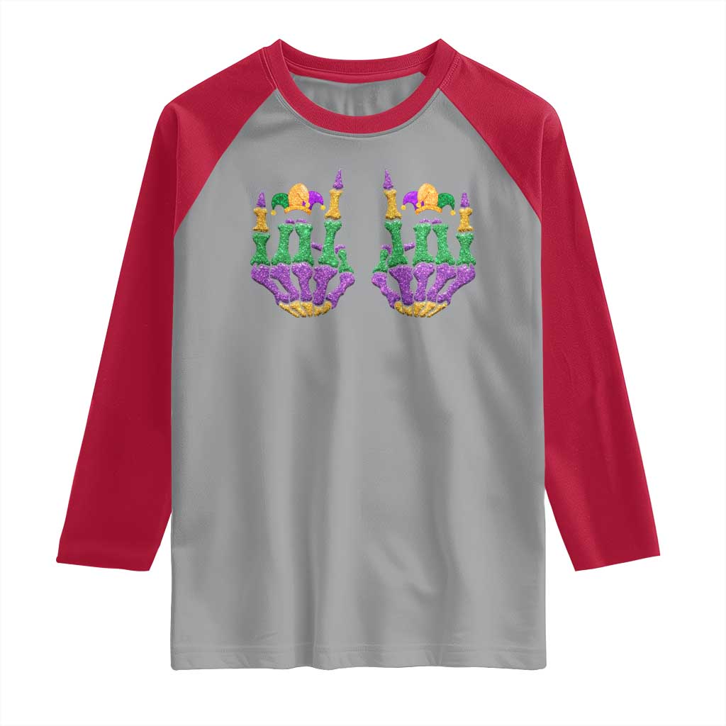 Mardi Gras Raglan Shirt Jester Skeleton Rock Hand Fat Tuesday Festival