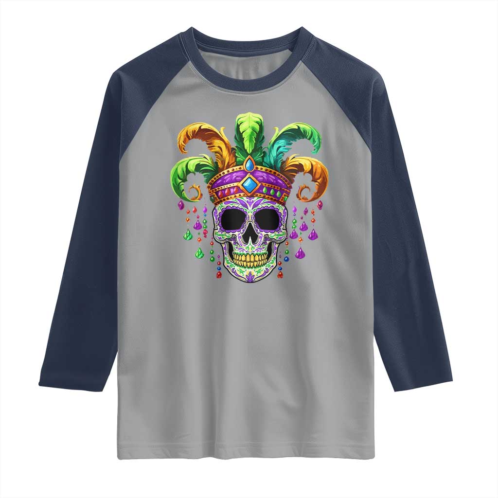 Mardi Gras Beads Sugar Skull Fat Tuesday New Orleans Raglan Shirt