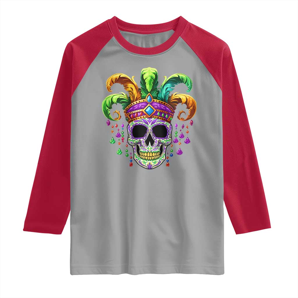 Mardi Gras Beads Sugar Skull Fat Tuesday New Orleans Raglan Shirt