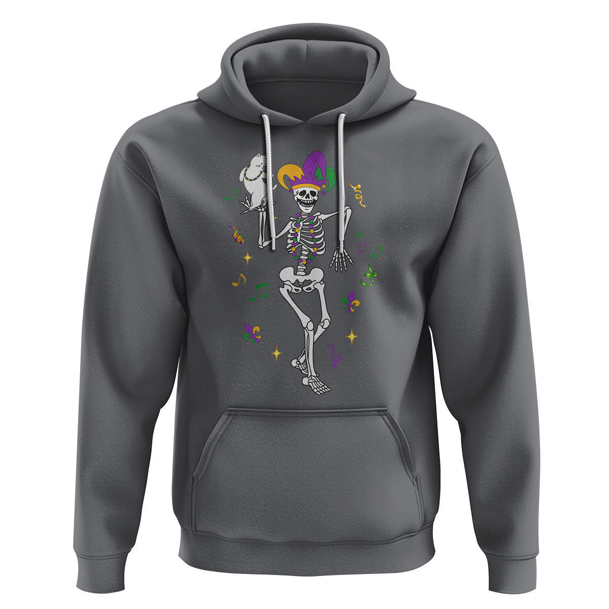 Mardi Gras Funny Jester Skeleton Dancing With Cat Hoodie - Wonder Print Shop