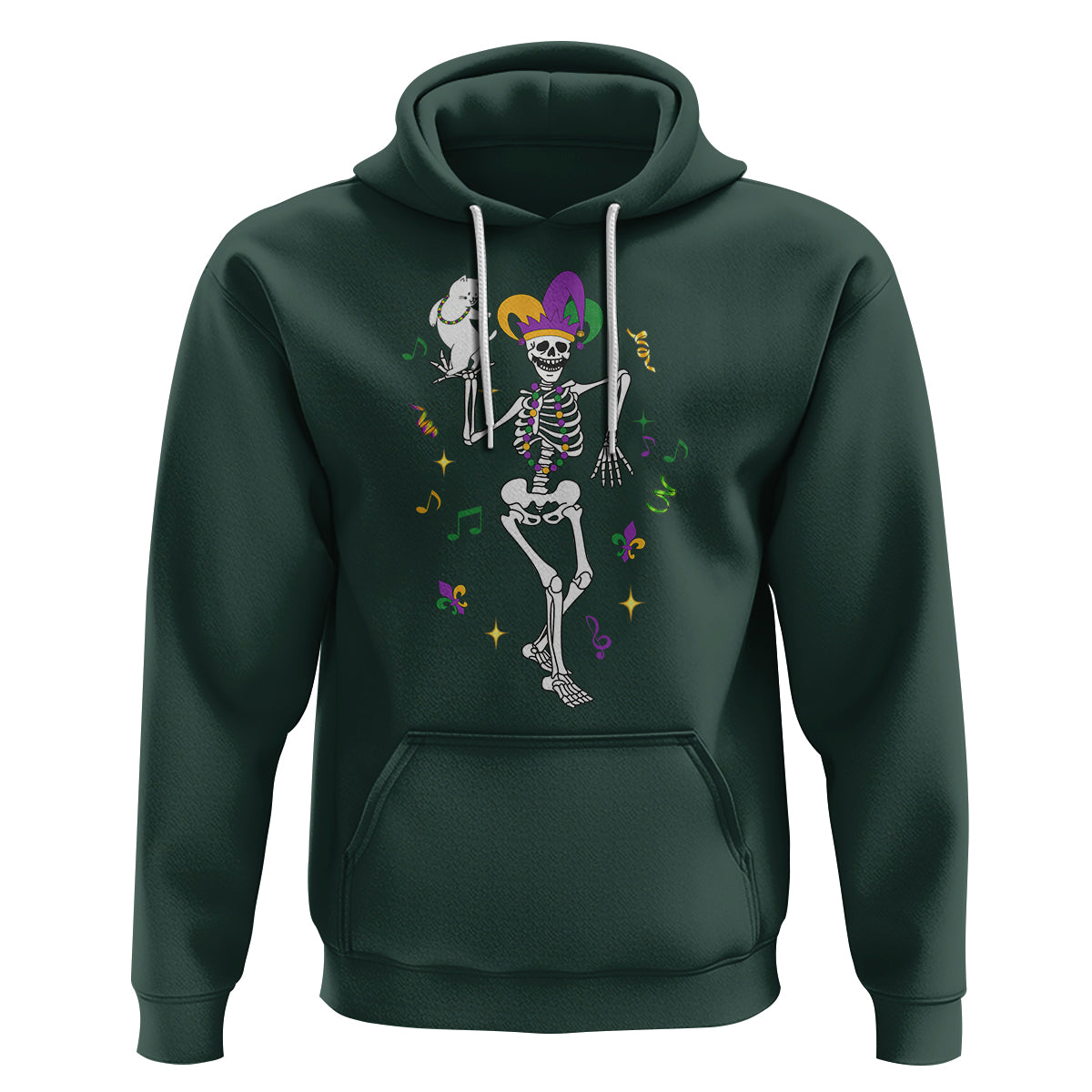Mardi Gras Funny Jester Skeleton Dancing With Cat Hoodie - Wonder Print Shop