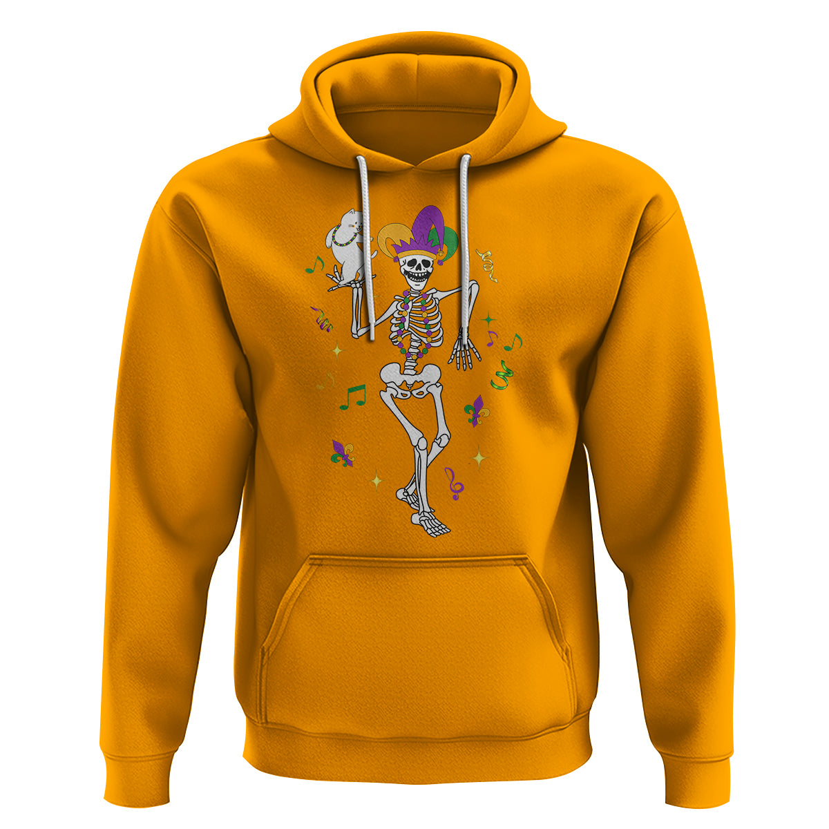 Mardi Gras Funny Jester Skeleton Dancing With Cat Hoodie - Wonder Print Shop