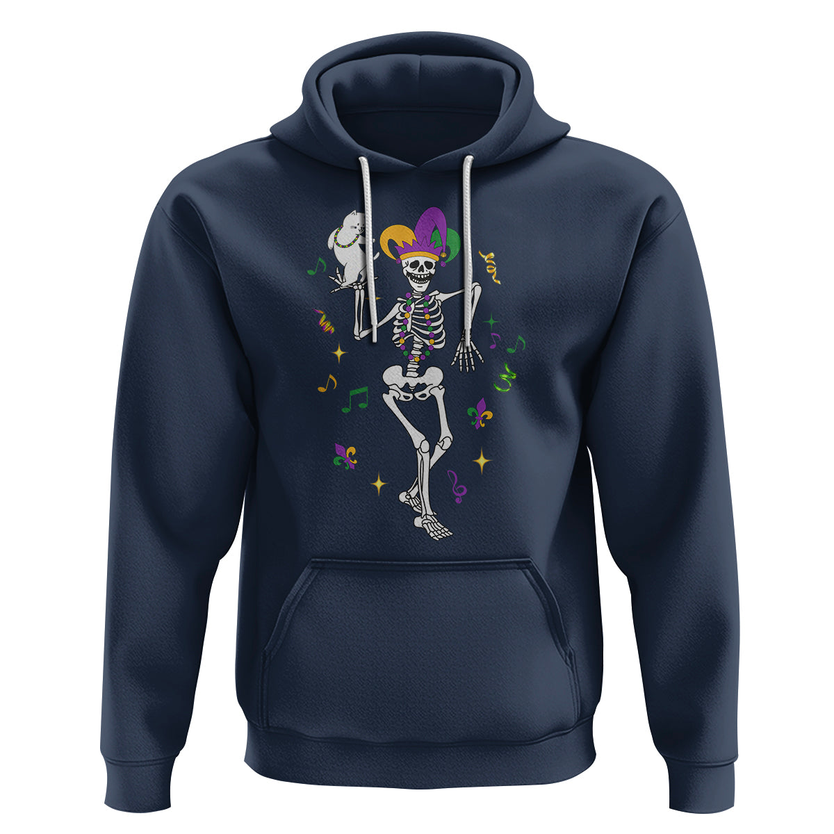 Mardi Gras Funny Jester Skeleton Dancing With Cat Hoodie - Wonder Print Shop