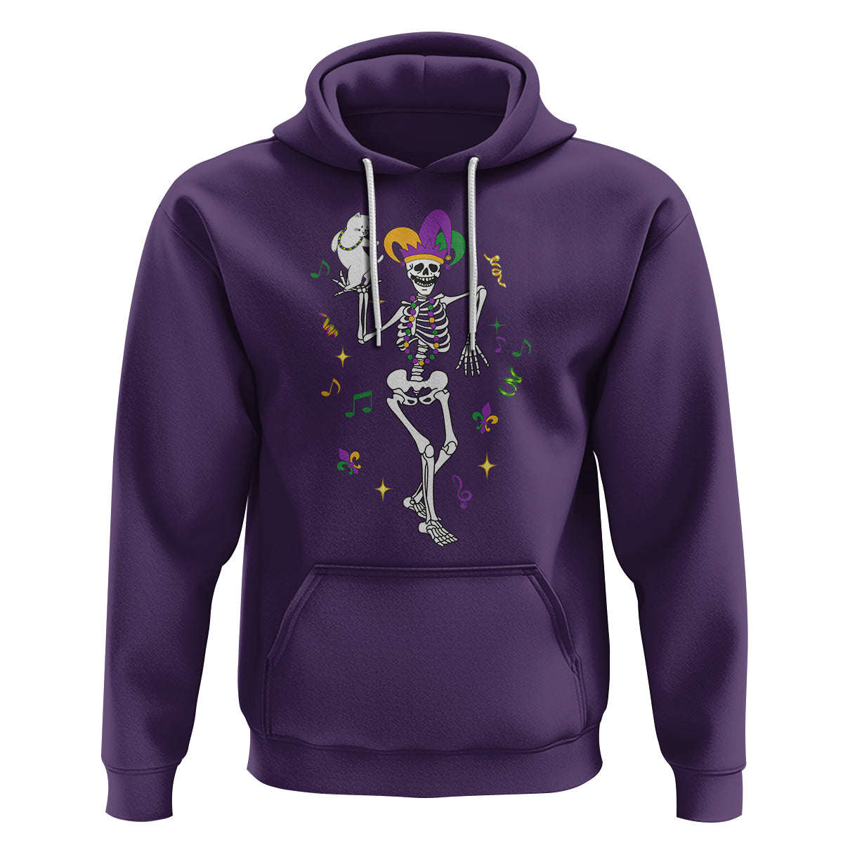 Mardi Gras Funny Jester Skeleton Dancing With Cat Hoodie - Wonder Print Shop