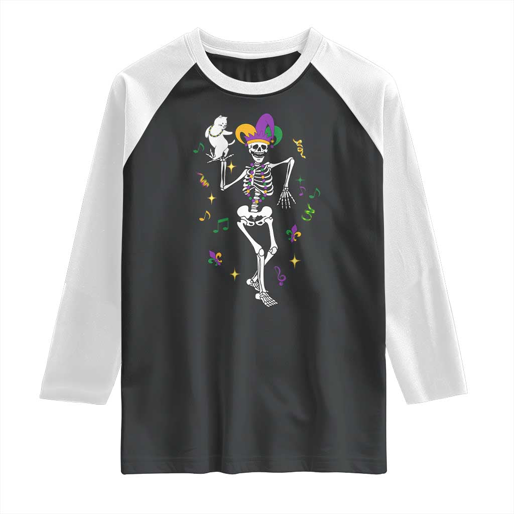 Mardi Gras Funny Jester Skeleton Dancing With Cat Raglan Shirt