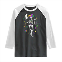 Mardi Gras Funny Jester Skeleton Dancing With Cat Raglan Shirt