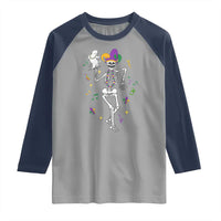 Mardi Gras Funny Jester Skeleton Dancing With Cat Raglan Shirt