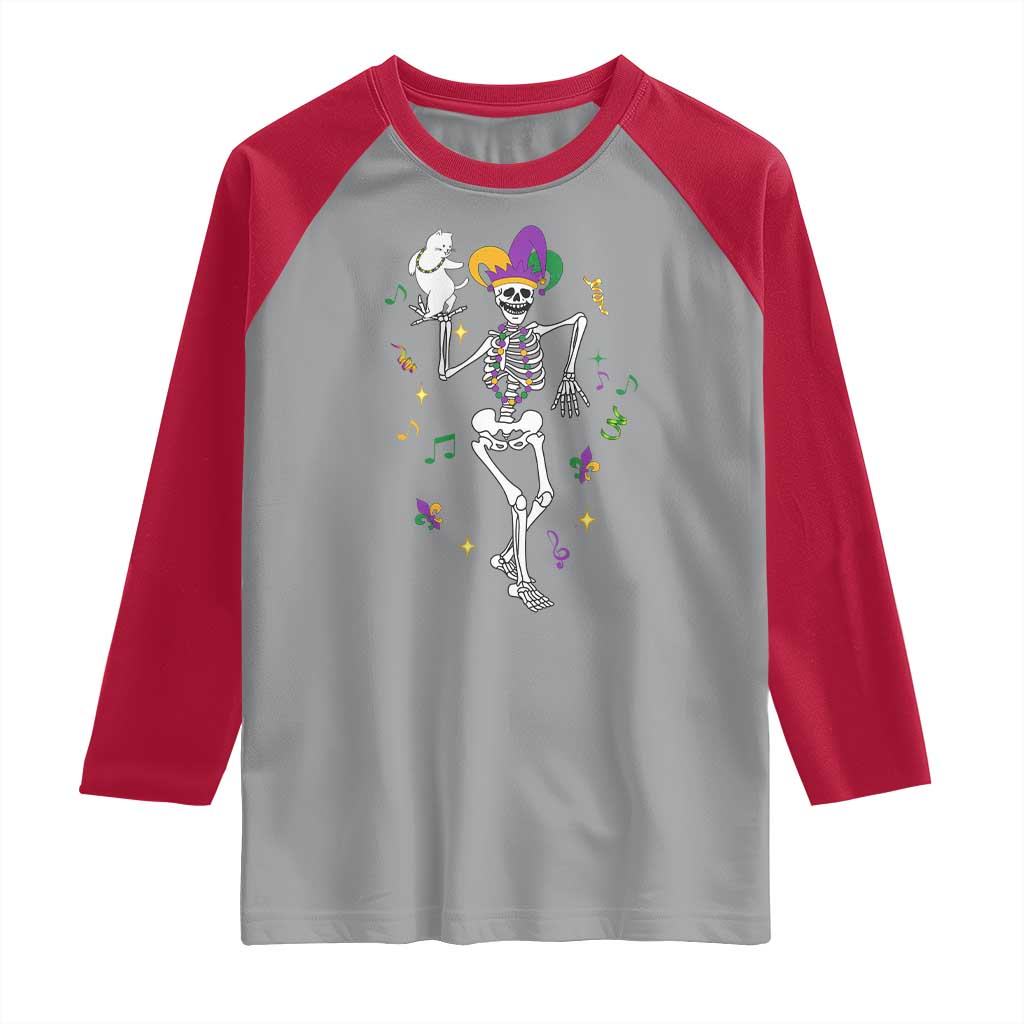 Mardi Gras Funny Jester Skeleton Dancing With Cat Raglan Shirt