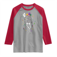 Mardi Gras Funny Jester Skeleton Dancing With Cat Raglan Shirt