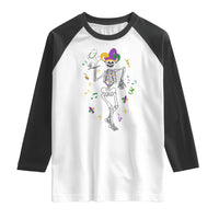 Mardi Gras Funny Jester Skeleton Dancing With Cat Raglan Shirt
