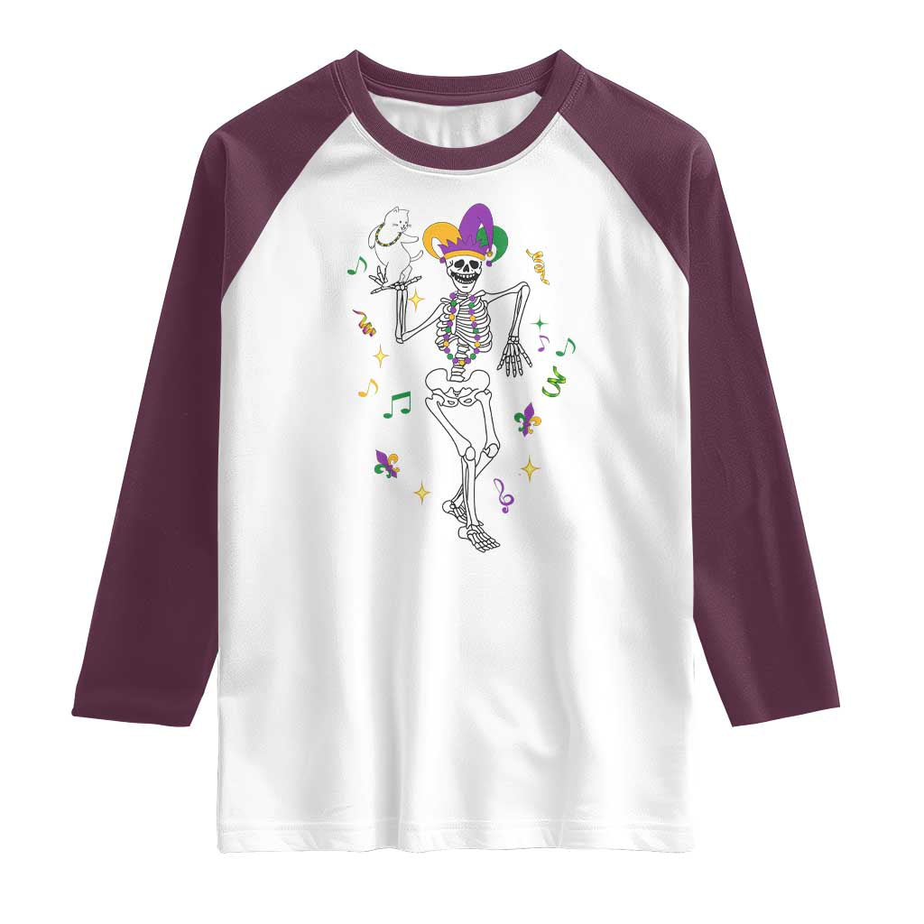 Mardi Gras Funny Jester Skeleton Dancing With Cat Raglan Shirt