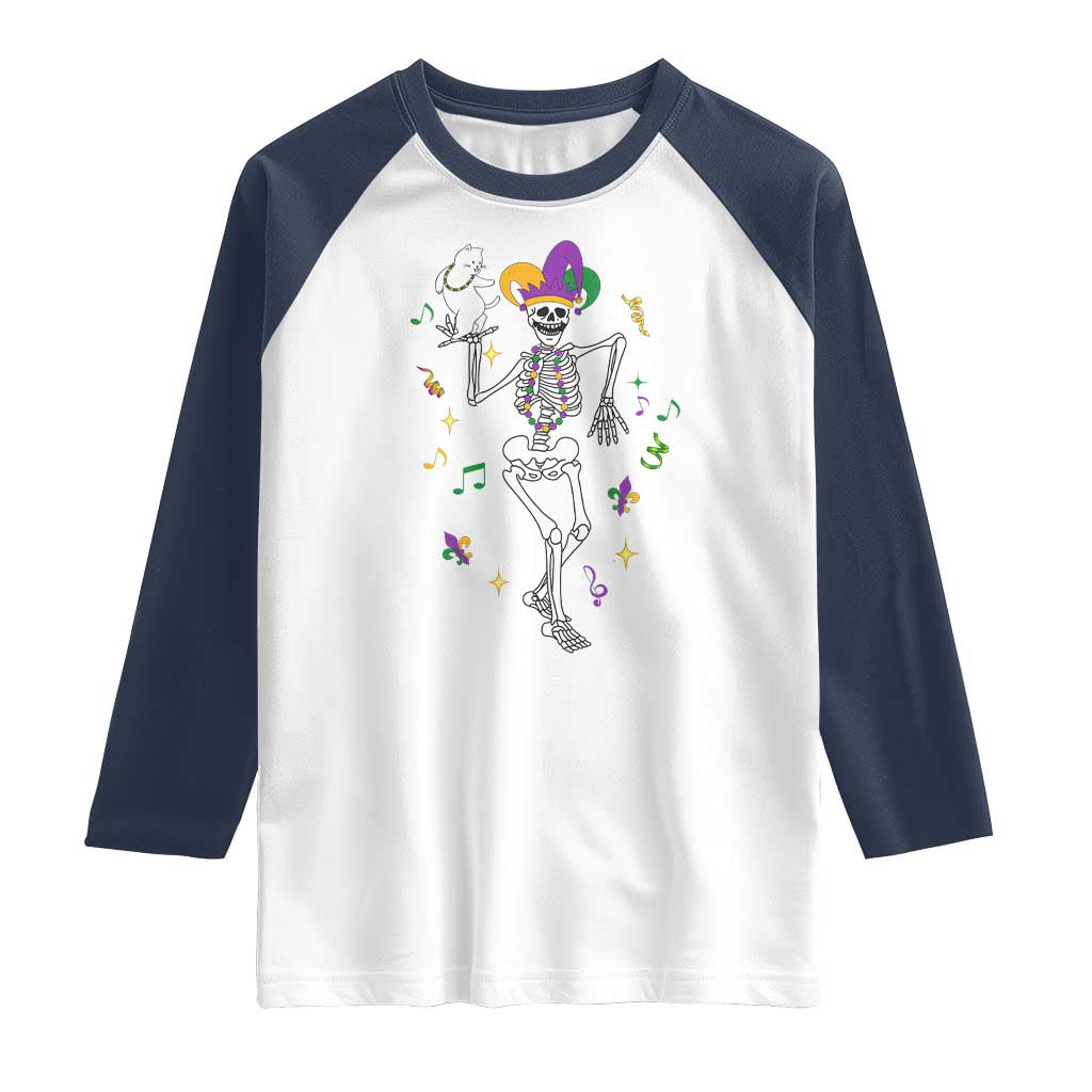 Mardi Gras Funny Jester Skeleton Dancing With Cat Raglan Shirt