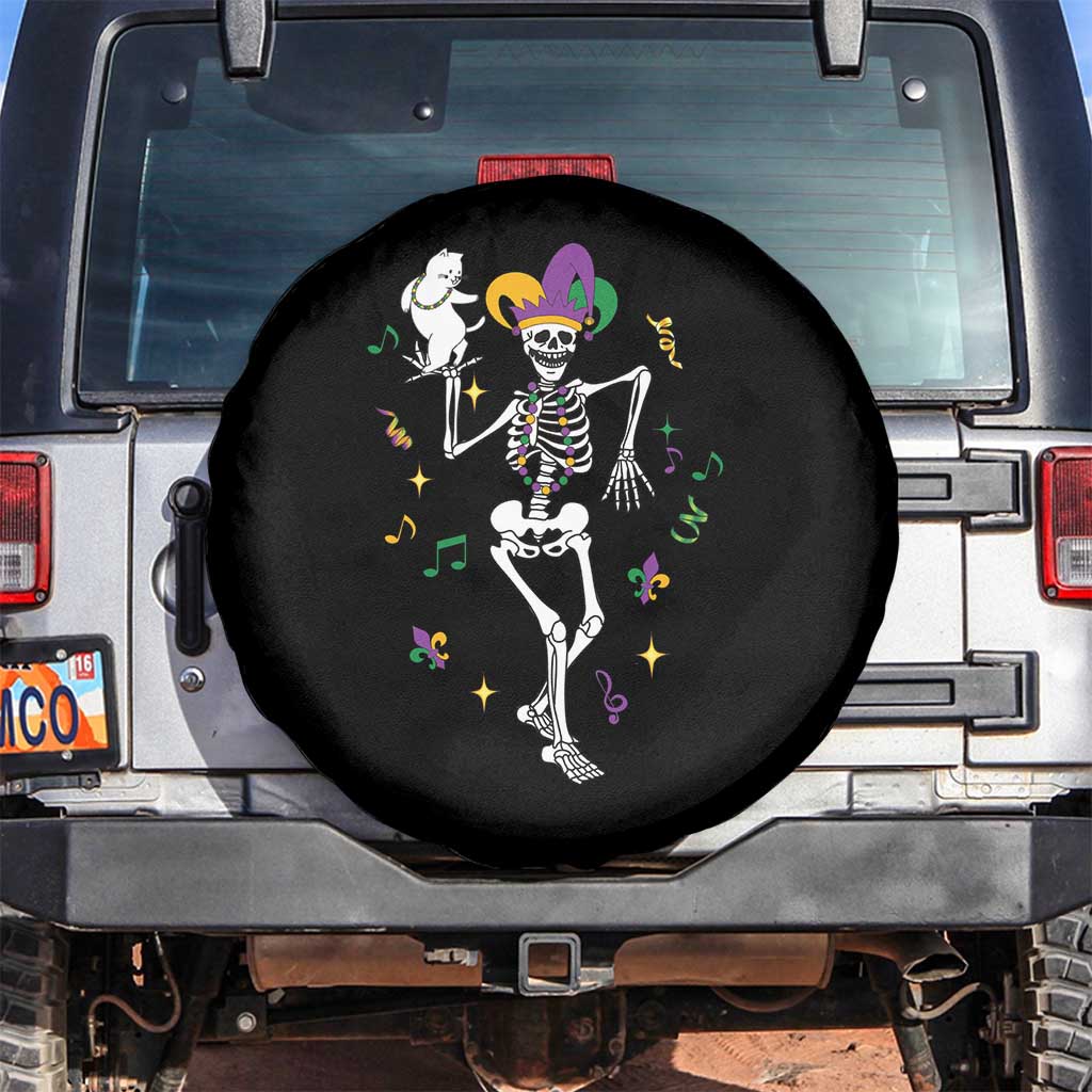 Mardi Gras Funny Jester Skeleton Dancing With Cat Spare Tire Cover