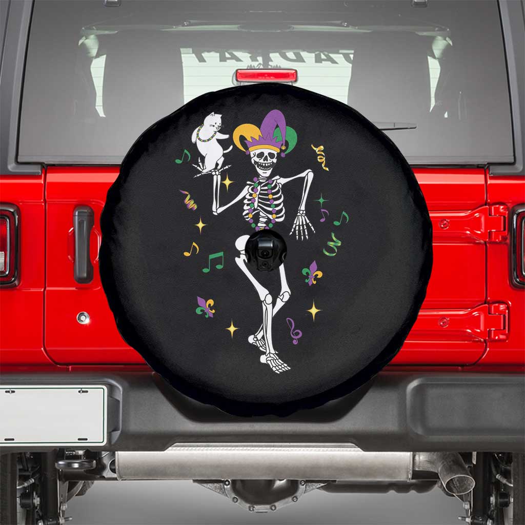Mardi Gras Funny Jester Skeleton Dancing With Cat Spare Tire Cover