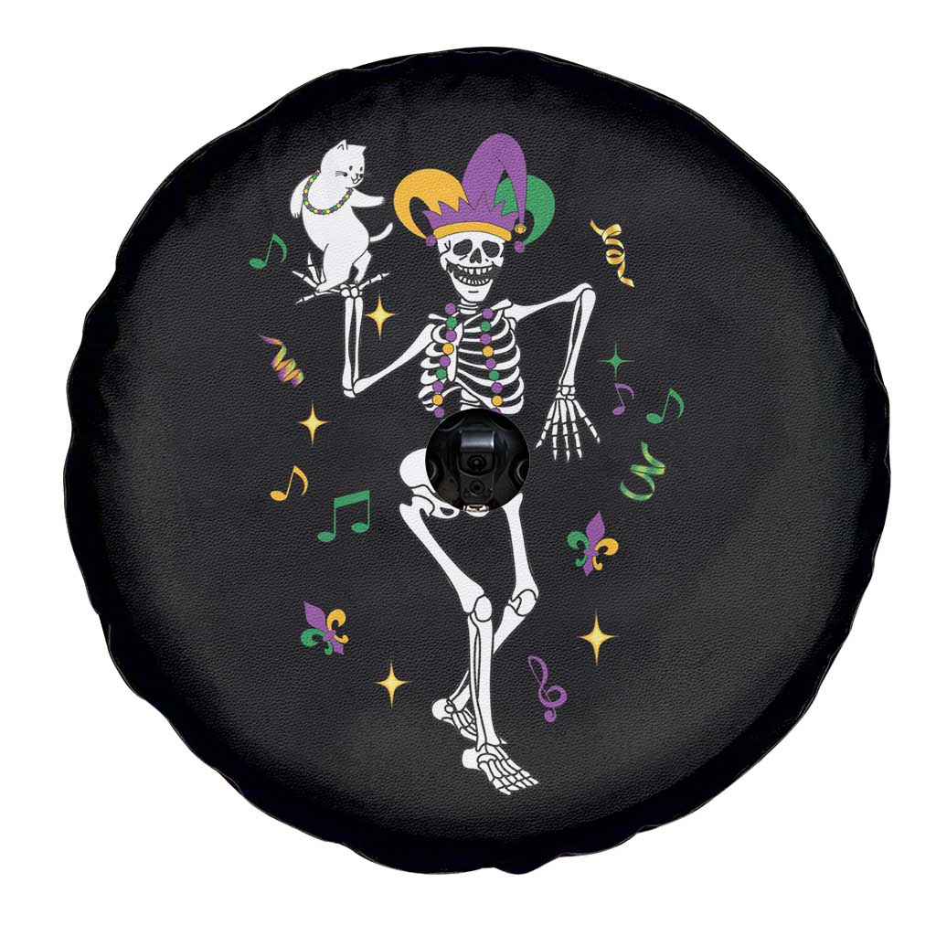 Mardi Gras Funny Jester Skeleton Dancing With Cat Spare Tire Cover