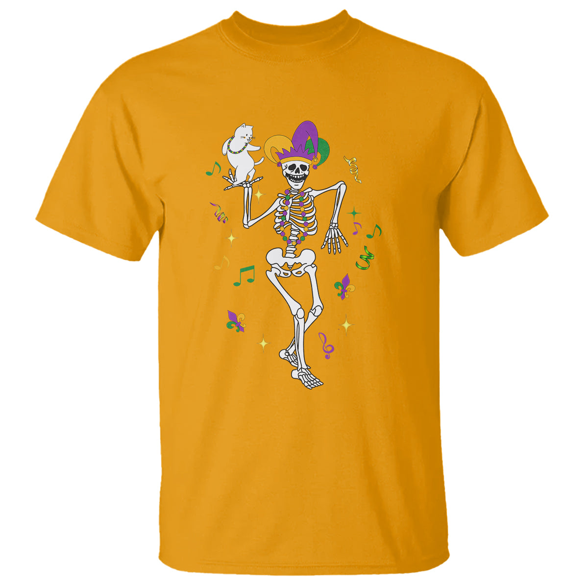 Mardi Gras Funny Jester Skeleton Dancing With Cat T Shirt - Wonder Print Shop