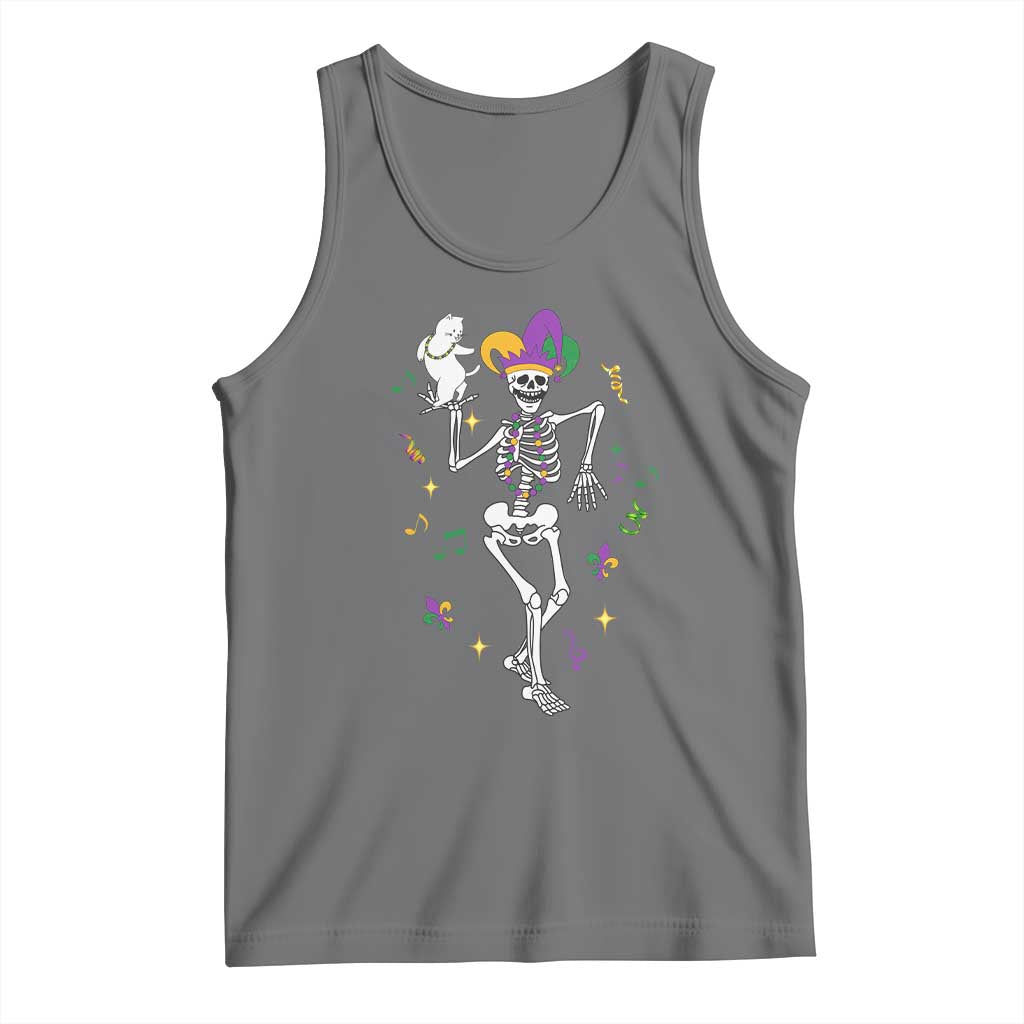 Mardi Gras Funny Jester Skeleton Dancing With Cat Tank Top