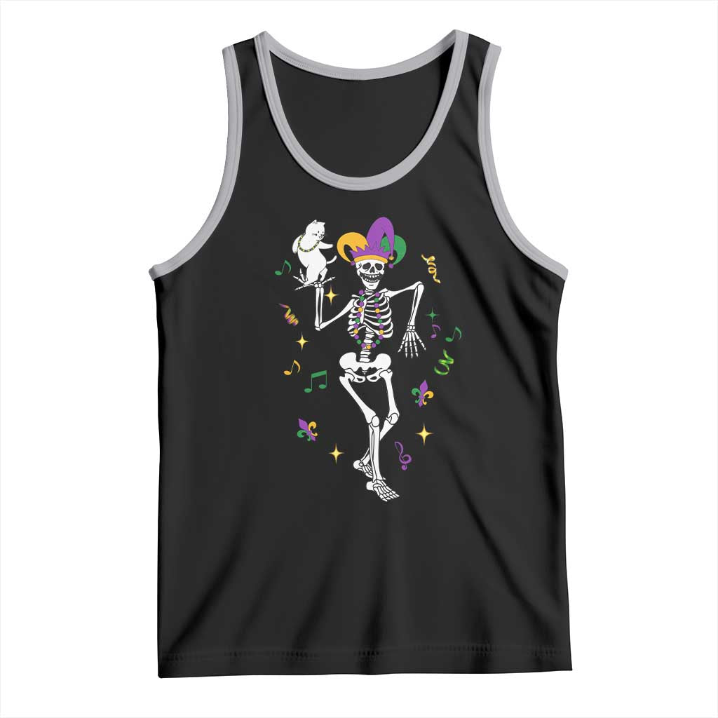 Mardi Gras Funny Jester Skeleton Dancing With Cat Tank Top