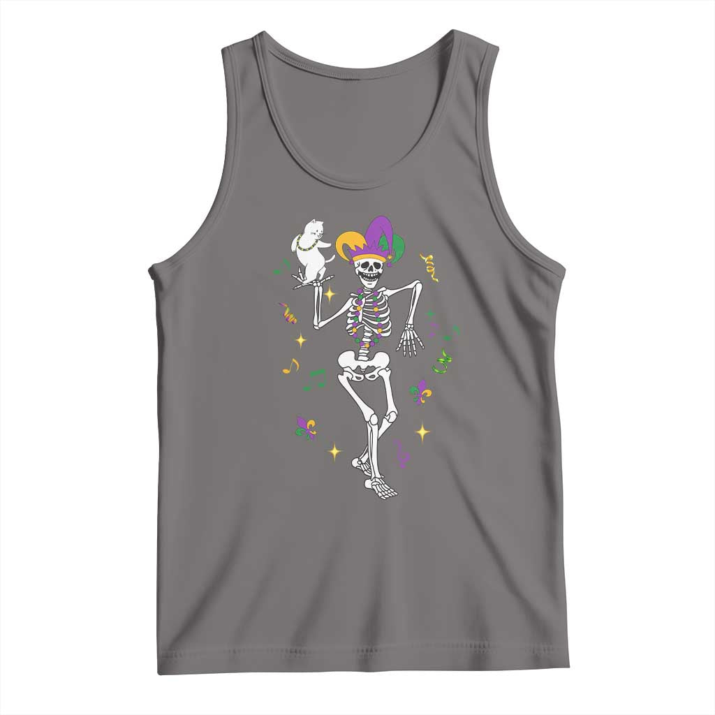 Mardi Gras Funny Jester Skeleton Dancing With Cat Tank Top