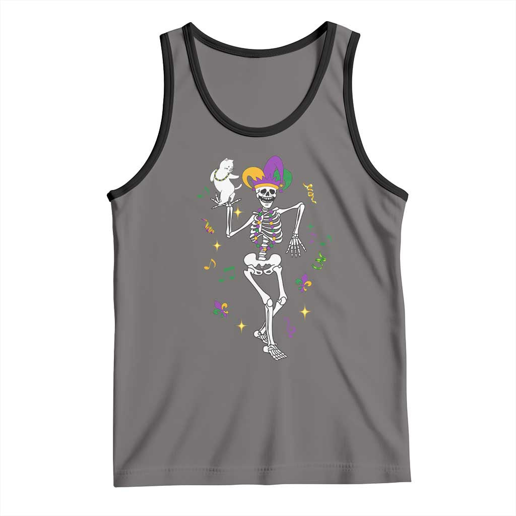 Mardi Gras Funny Jester Skeleton Dancing With Cat Tank Top
