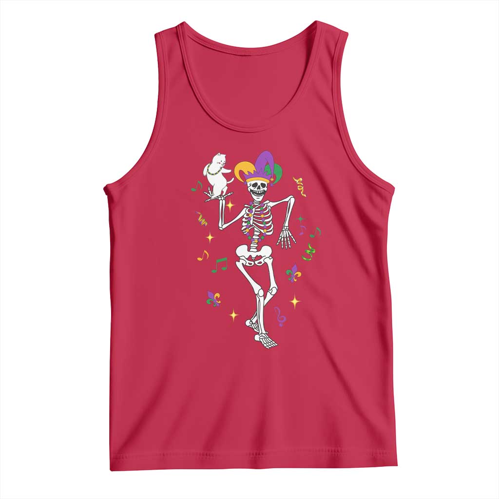 Mardi Gras Funny Jester Skeleton Dancing With Cat Tank Top