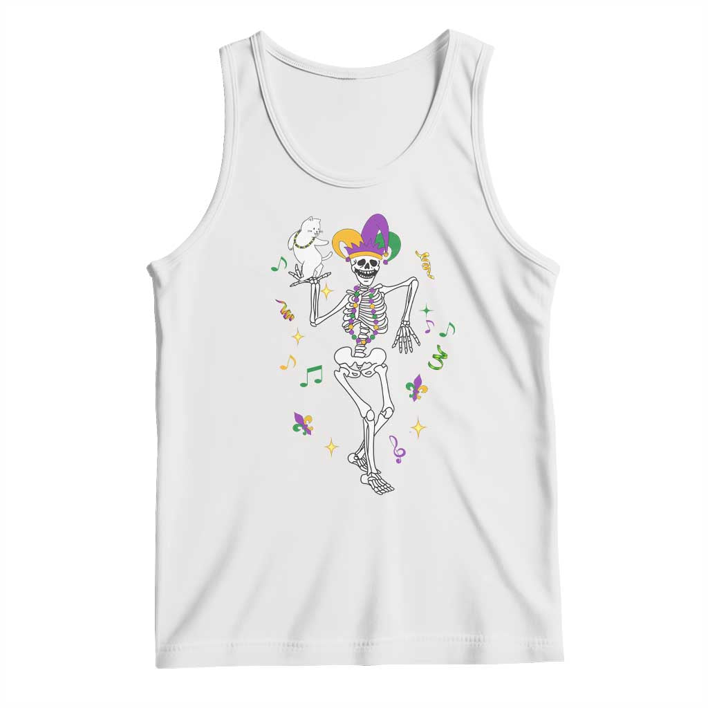 Mardi Gras Funny Jester Skeleton Dancing With Cat Tank Top