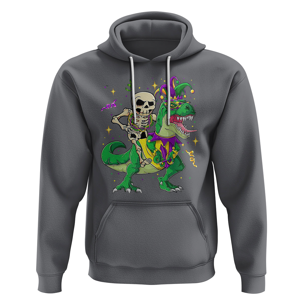 Mardi Gras Funny Skeleton On Dinosaur Jester Beads Hoodie - Wonder Print Shop