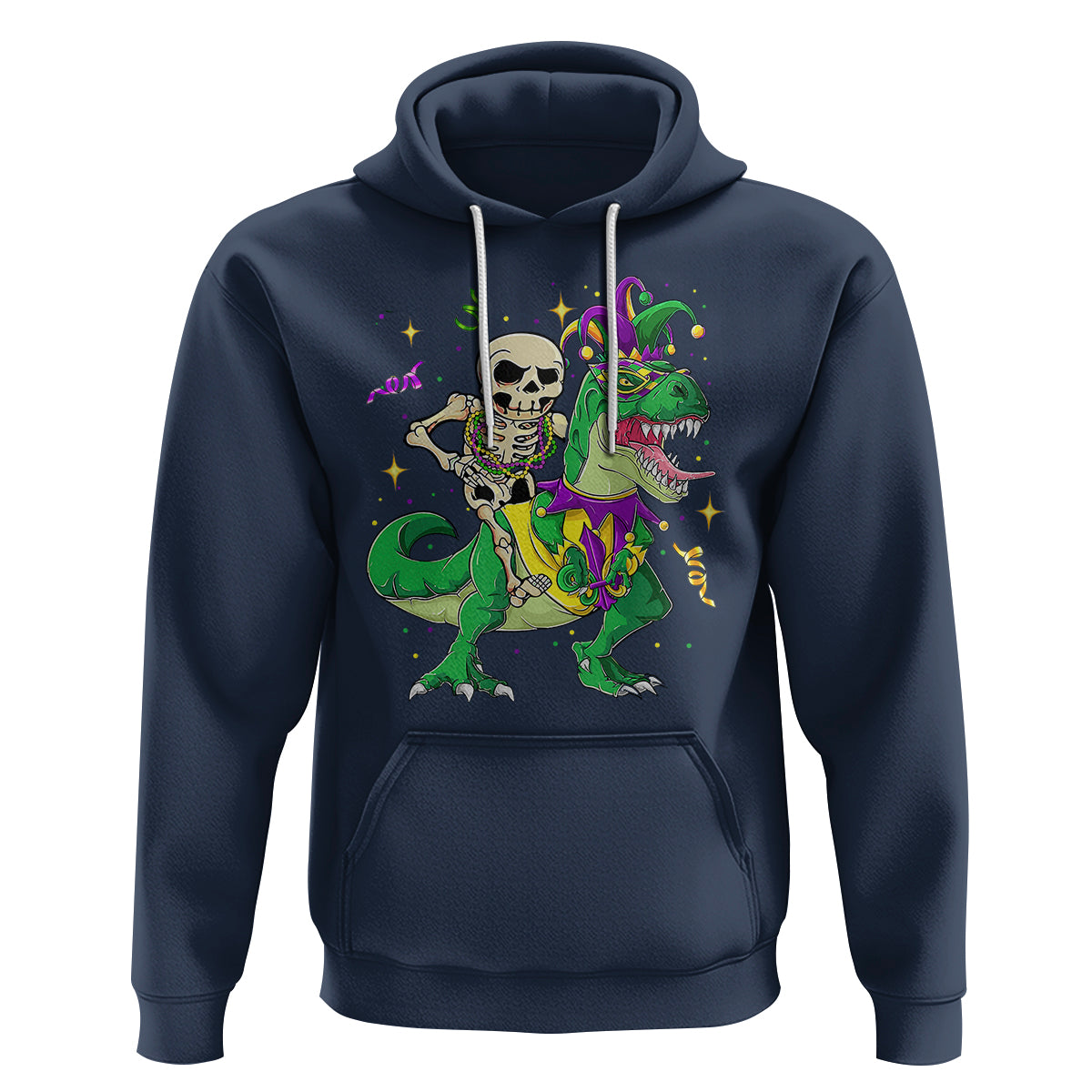 Mardi Gras Funny Skeleton On Dinosaur Jester Beads Hoodie - Wonder Print Shop
