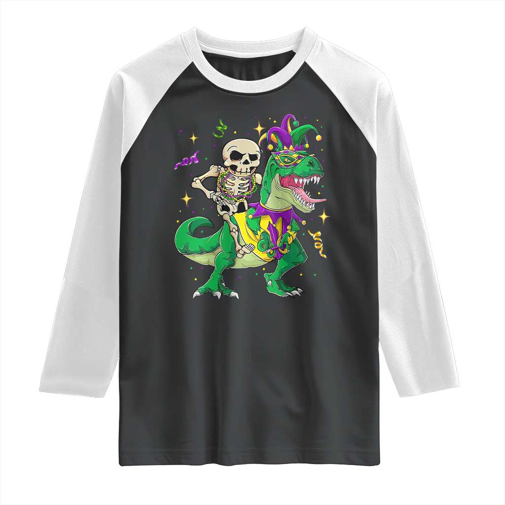 Mardi Gras Funny Skeleton On Dinosaur Jester Beads Raglan Shirt