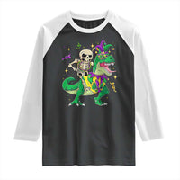 Mardi Gras Funny Skeleton On Dinosaur Jester Beads Raglan Shirt
