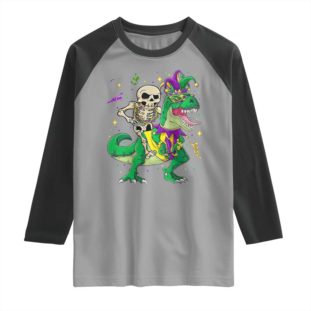 Mardi Gras Funny Skeleton On Dinosaur Jester Beads Raglan Shirt